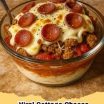 A vibrant, high-protein cottage cheese pizza bowl with melted mozzarella and turkey pepperoni, ready to eat.