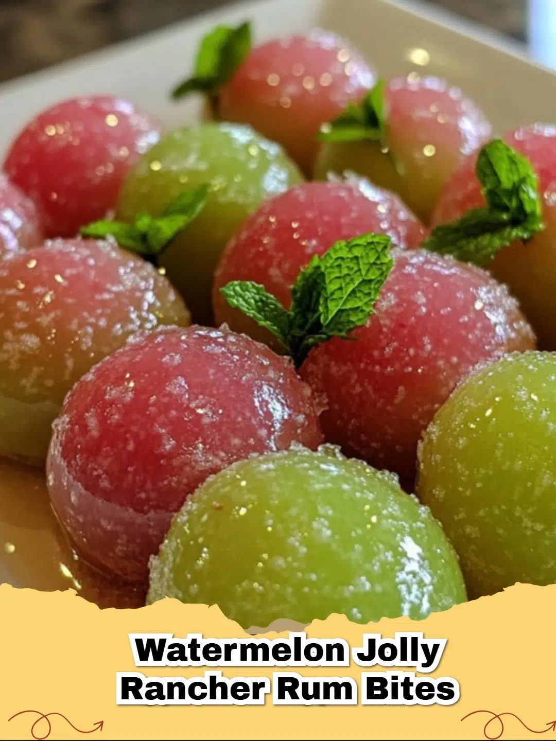 Vibrant red Watermelon Jolly Rancher Rum Bites garnished with mint on a white platter, perfect for summer.