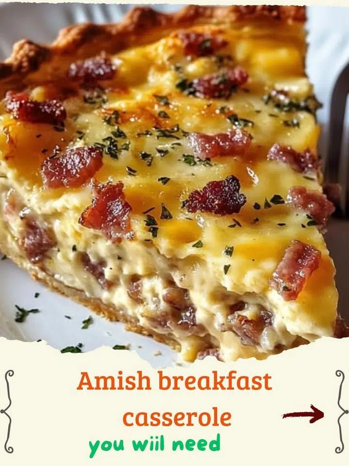 Golden brown Amish breakfast casserole with eggs, sausage, bread, and cheese, ready to serve.