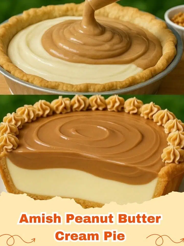Delicious homemade Amish Peanut Butter Cream Pie with a fluffy whipped topping.