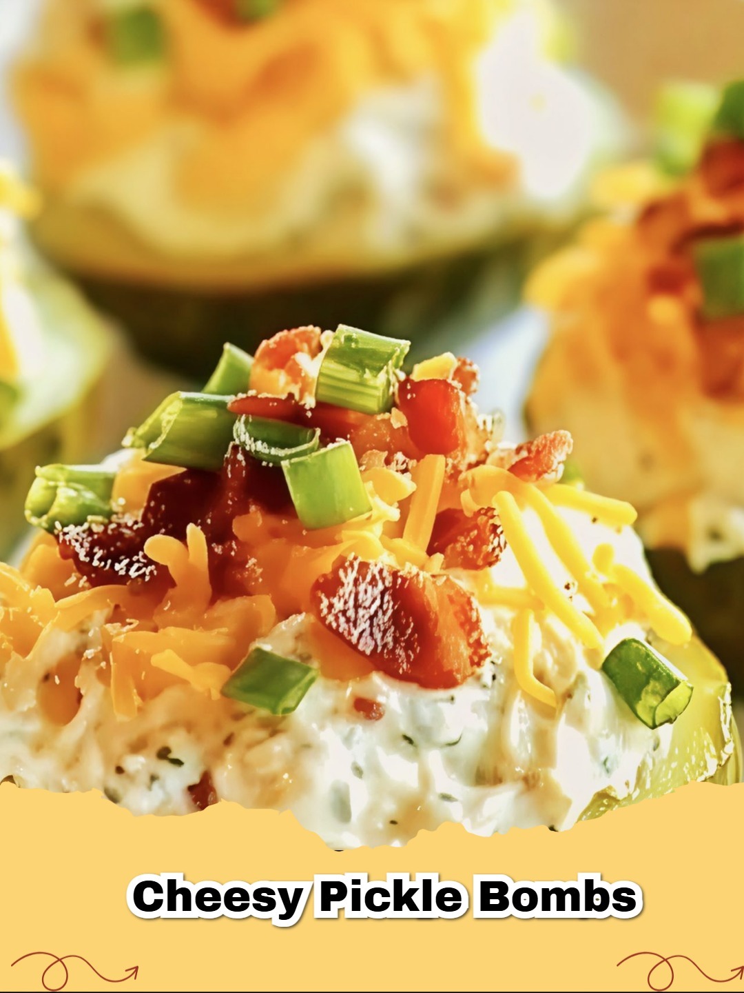 Delicious baked cheesy dill pickle bites appetizer on a platter with dipping sauce.