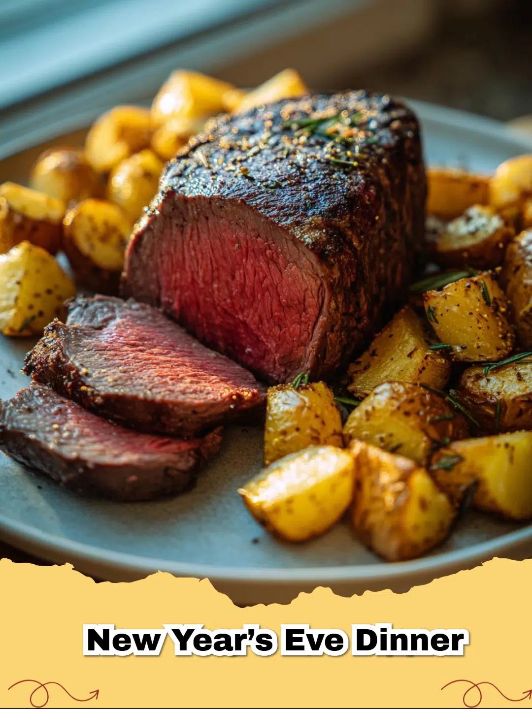 Succulent roasted beef tenderloin sliced with crispy rosemary potatoes on a white plate, ready to serve