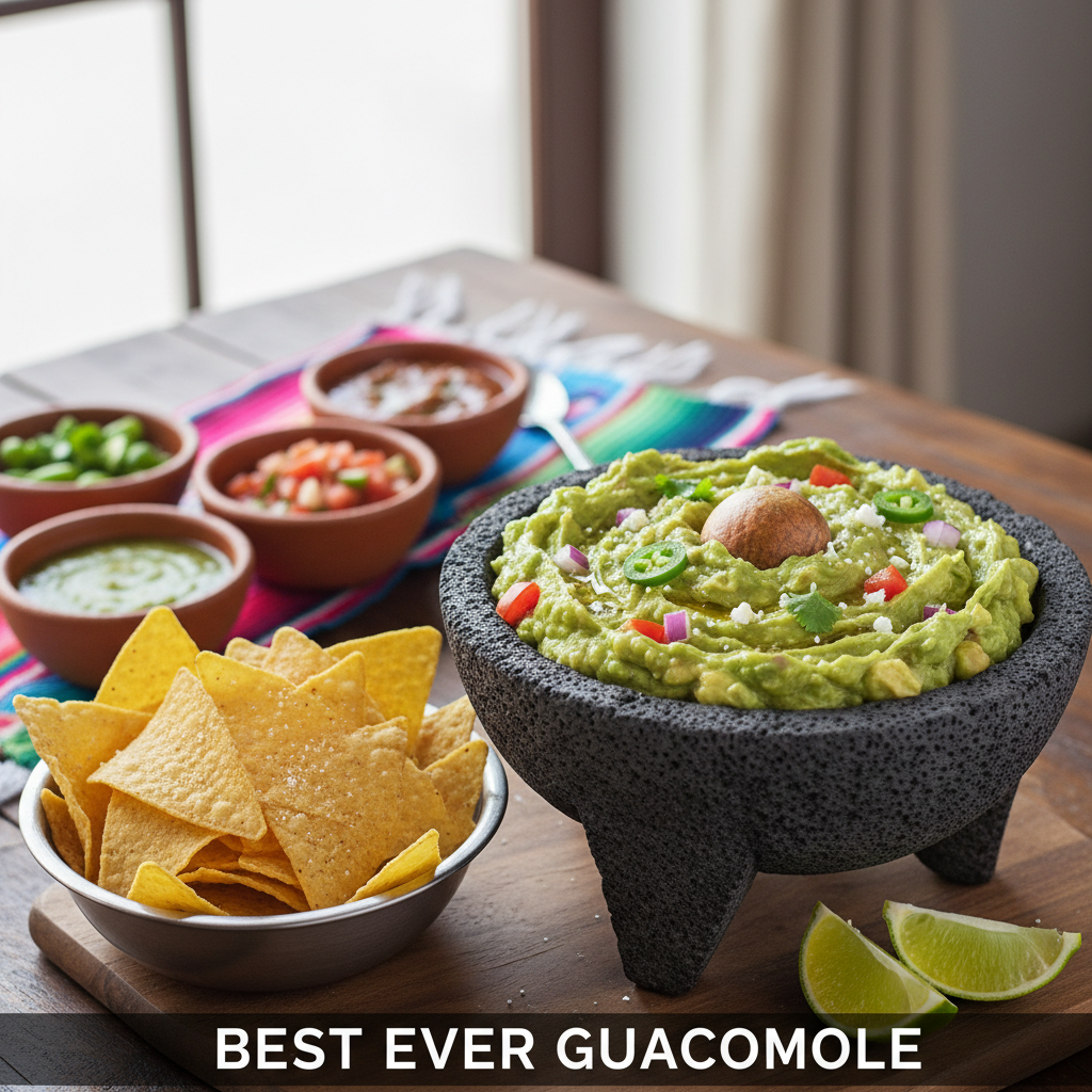 A vibrant bowl of the Best Ever Guacamole, garnished with fresh cilantro and lime wedges, surrounded by crispy tortilla chips.
