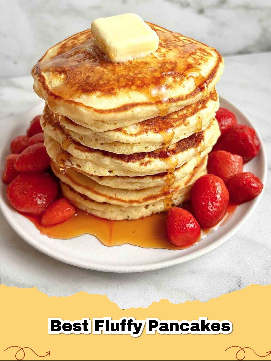 Stack of golden-brown fluffy pancakes topped with butter and maple syrup, ready to eat.