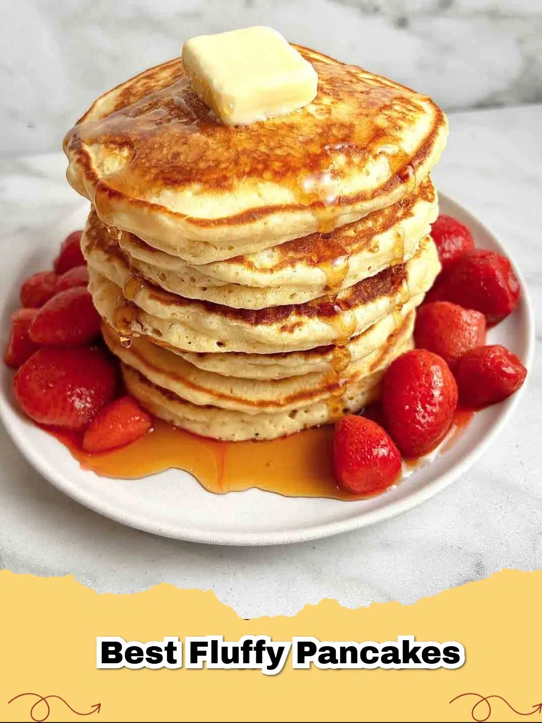 Stack of golden-brown fluffy pancakes topped with butter and maple syrup, ready to eat.