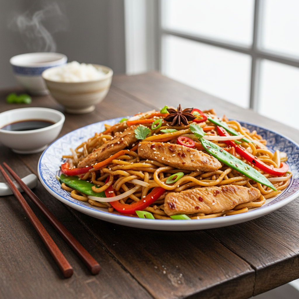 Delicious homemade chicken chow mein with tender chicken and vegetables