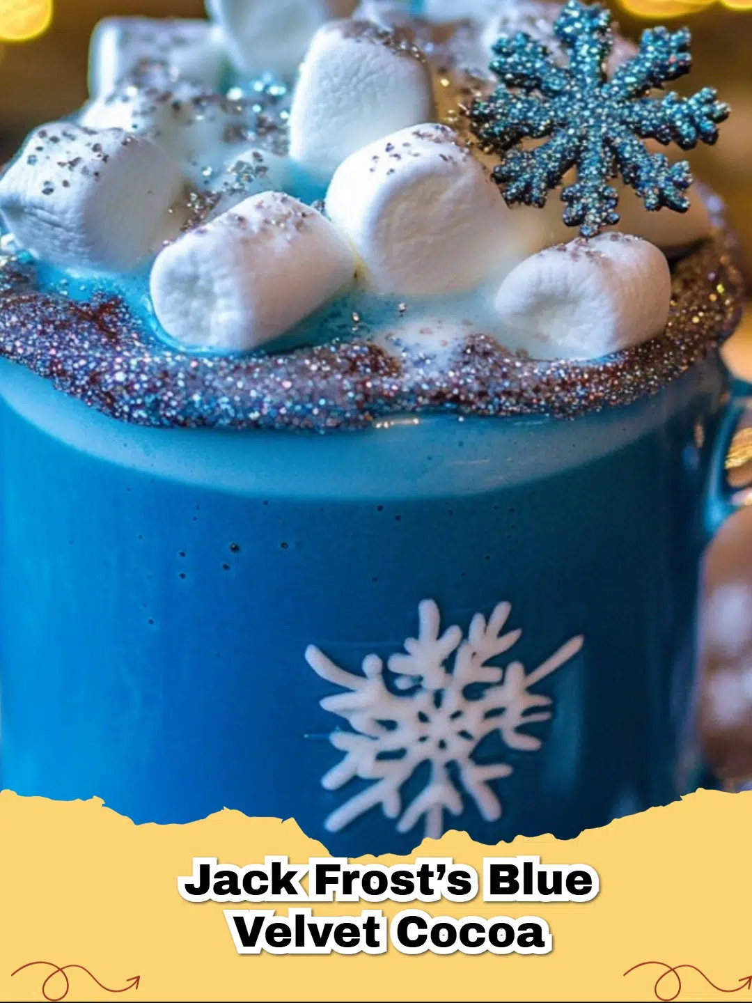 Vibrant blue velvet white hot chocolate topped with whipped cream and sprinkles in a festive mug.