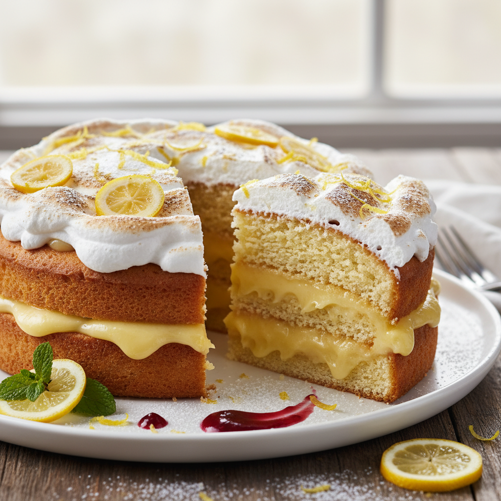 Bright and Zesty Lemon Custard Cake with a dusting of powdered sugar on a serving plate.