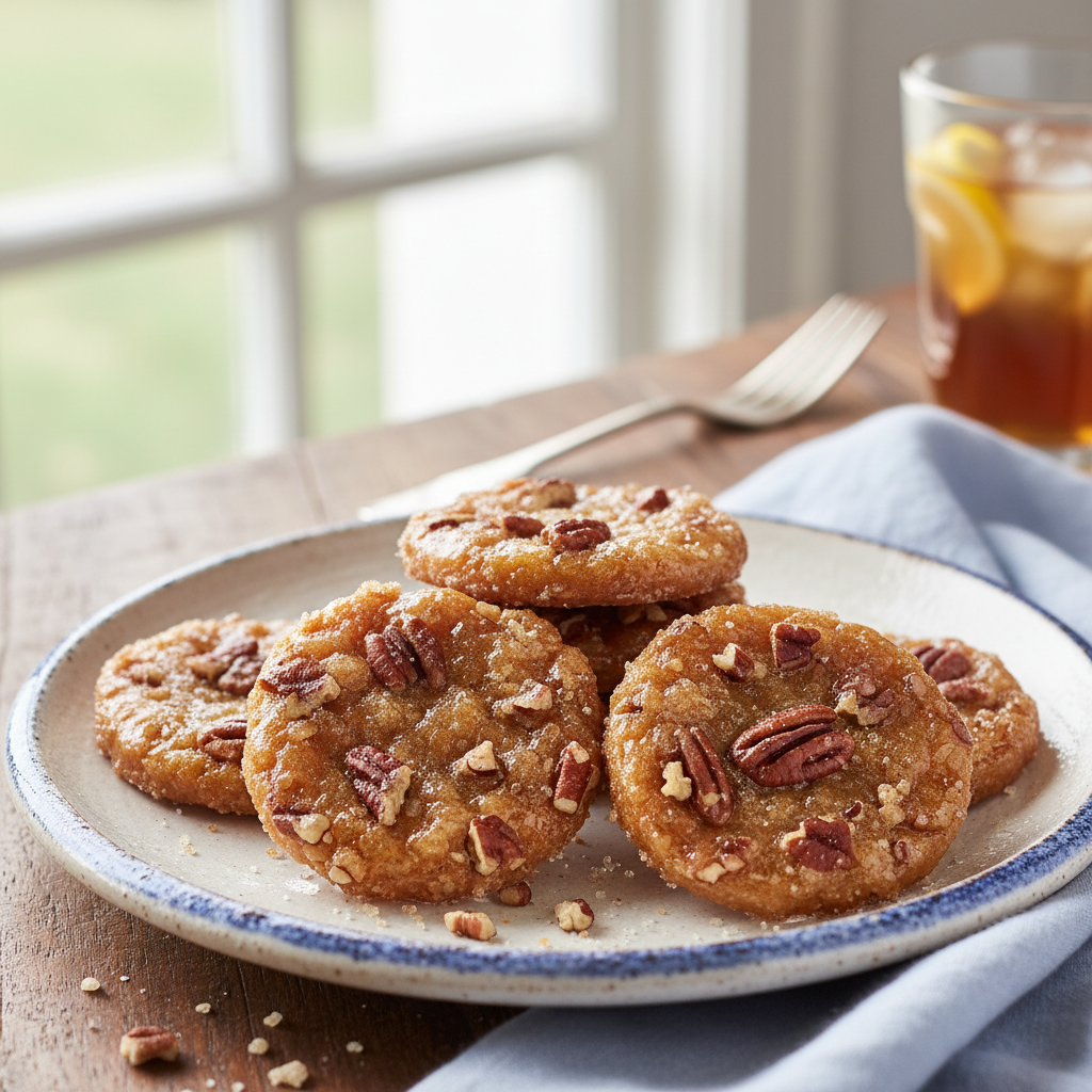 Pile of golden-brown Buttermilk Pecan Pralines on parchment paper, showing their creamy, nutty texture.