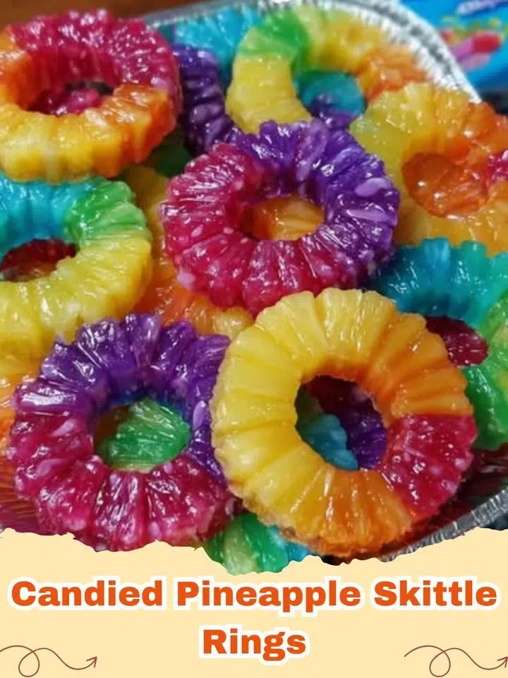 Vibrant candied pineapple rings coated with colorful crushed Skittles, arranged on a white platter.