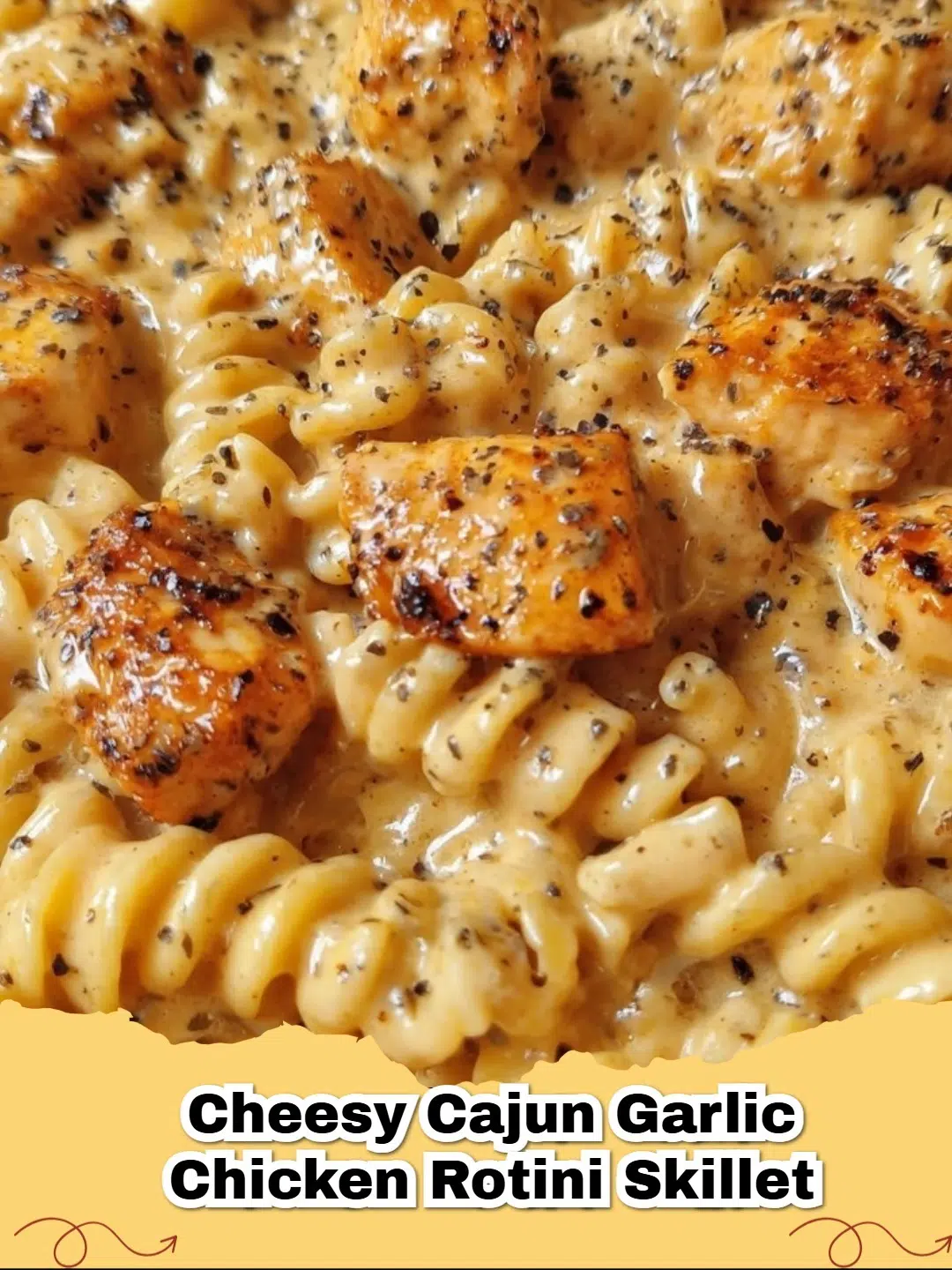 Cheesy Cajun Garlic Chicken Rotini Skillet in a cast iron pan, topped with parsley