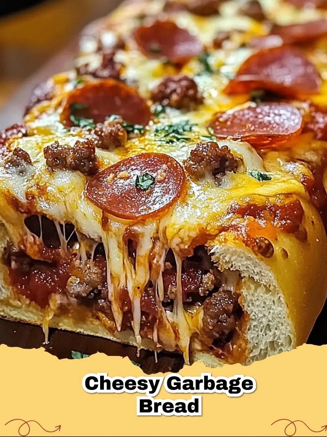 Cheesy Garbage Bread with golden crust, filled with melted cheese, pepperoni, and sausage