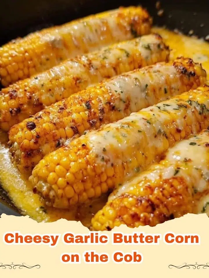 Irresistible Cheesy Garlic Butter Corn in a white bowl, garnished with fresh parsley.