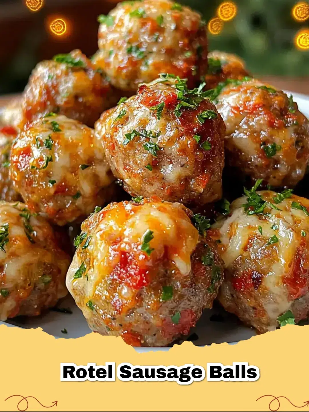 Close-up of golden brown Cheesy Rotel Sausage Balls on a white serving platter with a bowl of dipping sauce.