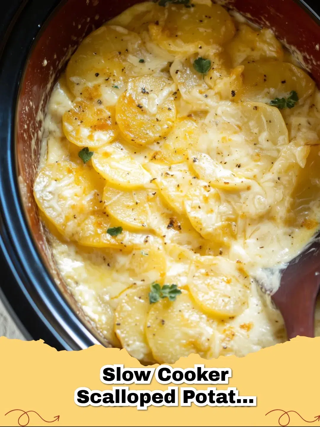 Delicious Cheesy Slow Cooker Scalloped Potatoes in a serving dish, garnished with fresh parsley.