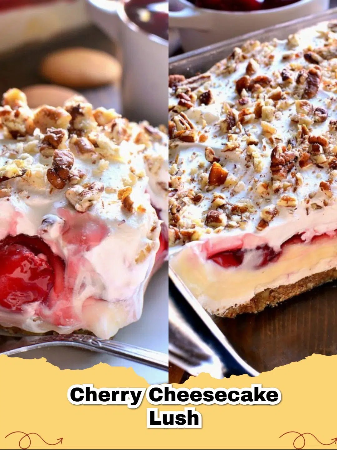 A square serving of Cherry Cheesecake Lush with distinct layers of crust, creamy filling, and bright red cherry topping.