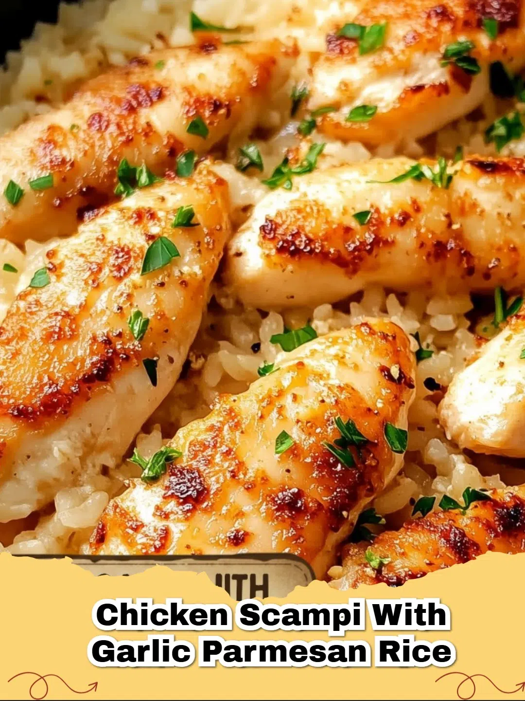 Delicious plate of Chicken Scampi with creamy Garlic Parmesan Rice, garnished with fresh parsley.
