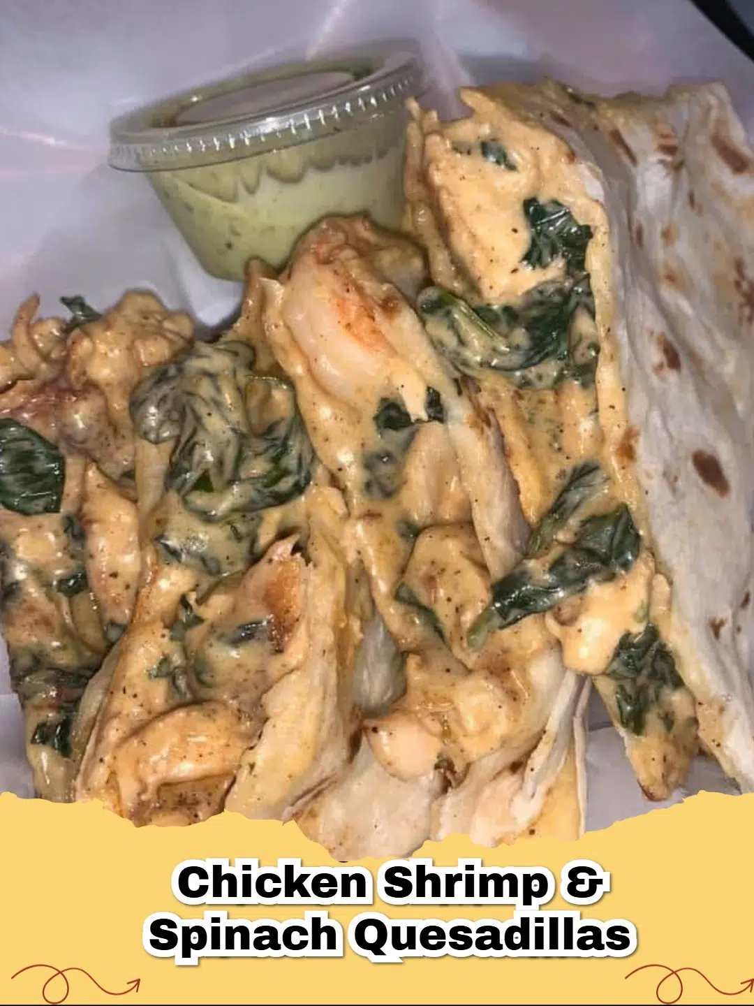 Golden-brown Chicken Shrimp & Spinach Quesadillas cut into wedges, served with fresh salsa and avocado slices.