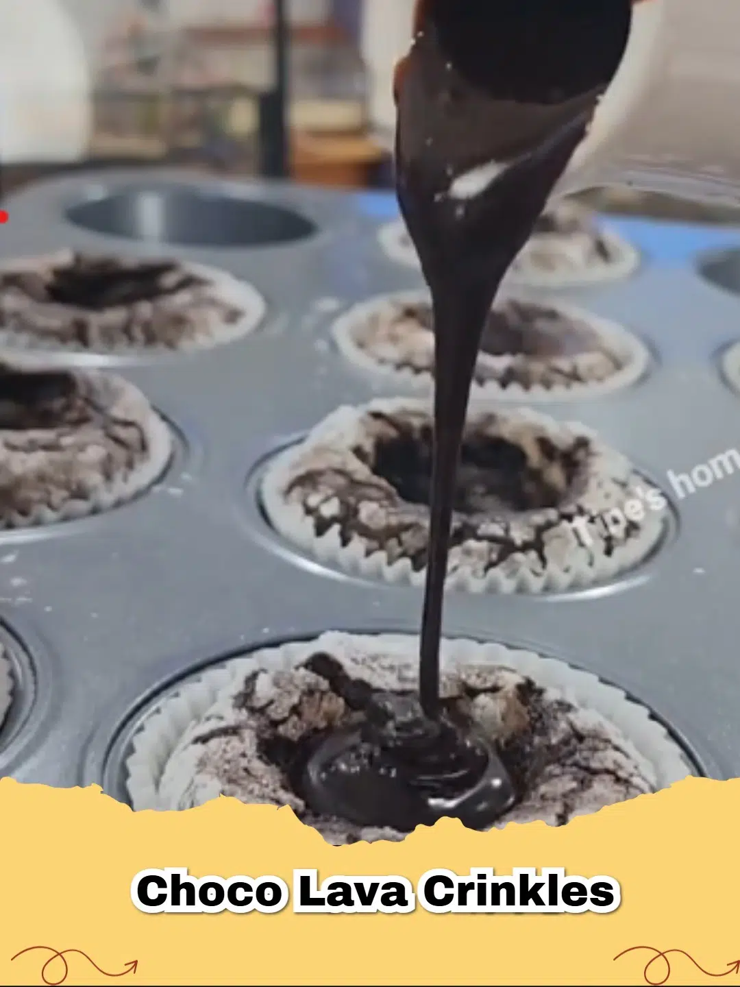 Close-up of a stack of Chocolate Lava Crinkle Cookies dusted with powdered sugar, showing the gooey molten chocolate center.