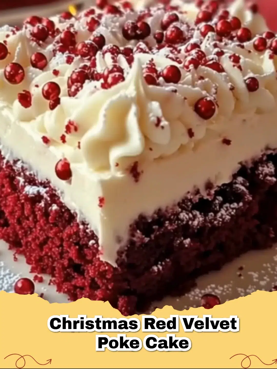 Vibrant Christmas Red Velvet Poke Cake decorated with festive sprinkles and fresh cranberries, perfect for the holidays.