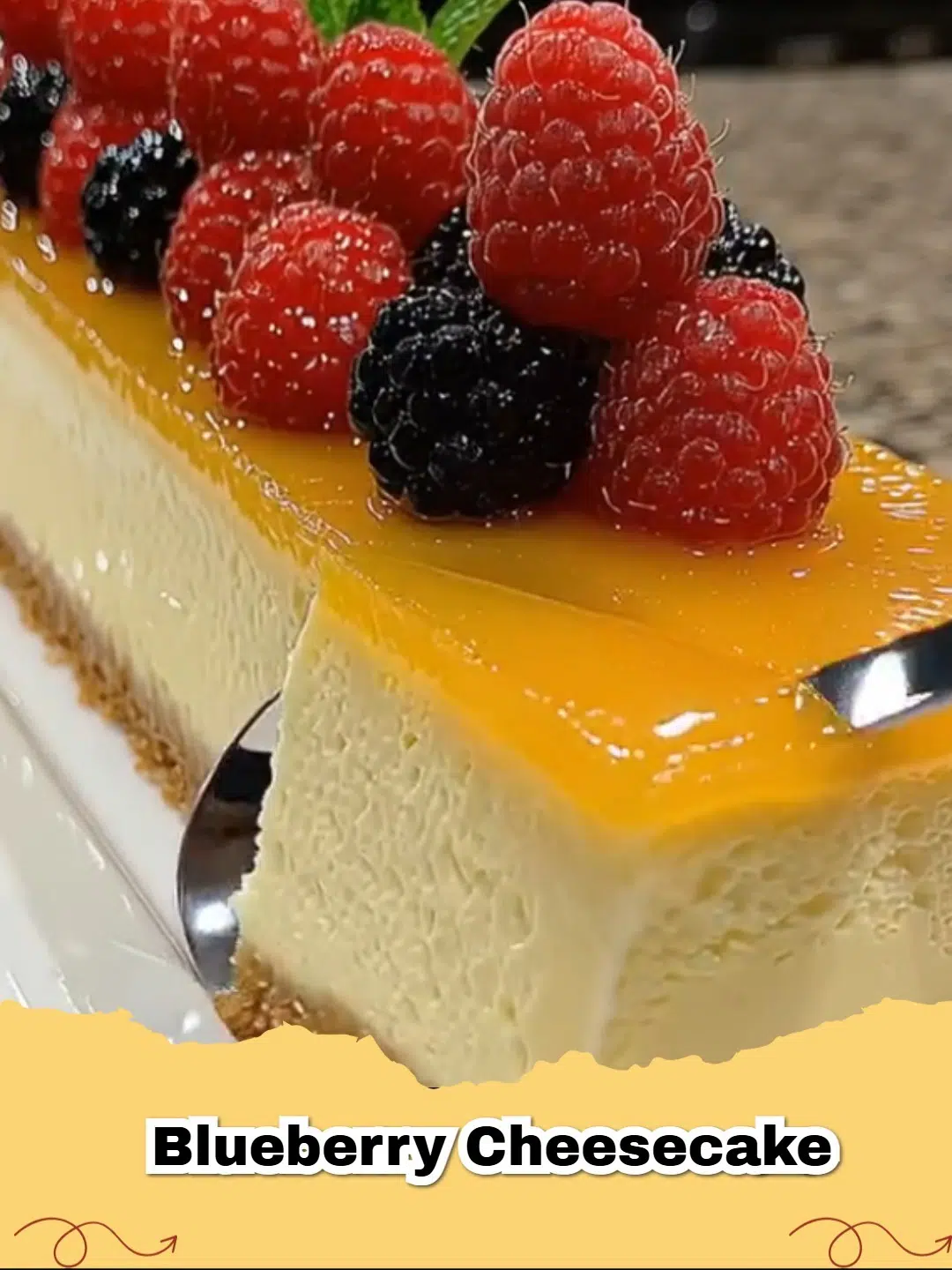 A vibrant slice of Classic Blueberry Cheesecake on a white plate, topped with fresh blueberries and a dusting of powdered sugar.