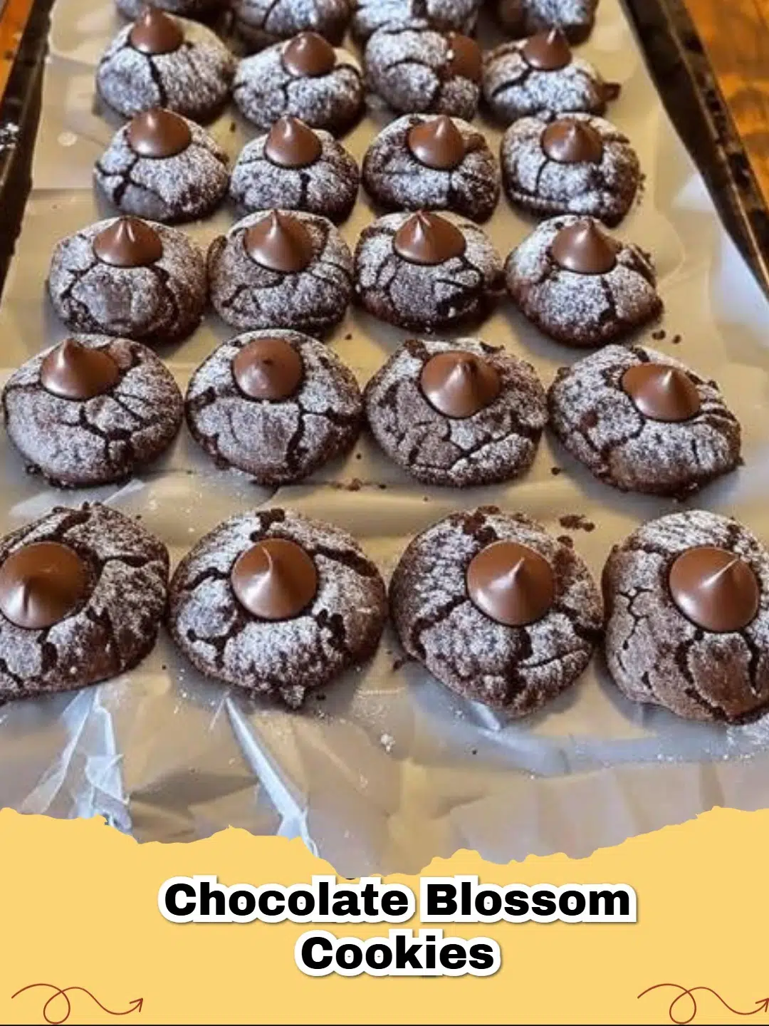 A plate of freshly baked Chocolate Kiss Cookies, rich chocolate cookies with a melty Hershey's Kiss on top, dusted lightly with powdered sugar.