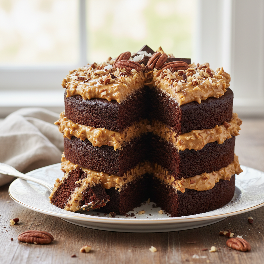 A beautifully assembled classic German Chocolate Cake with rich chocolate layers and creamy, glistening coconut pecan frosting.