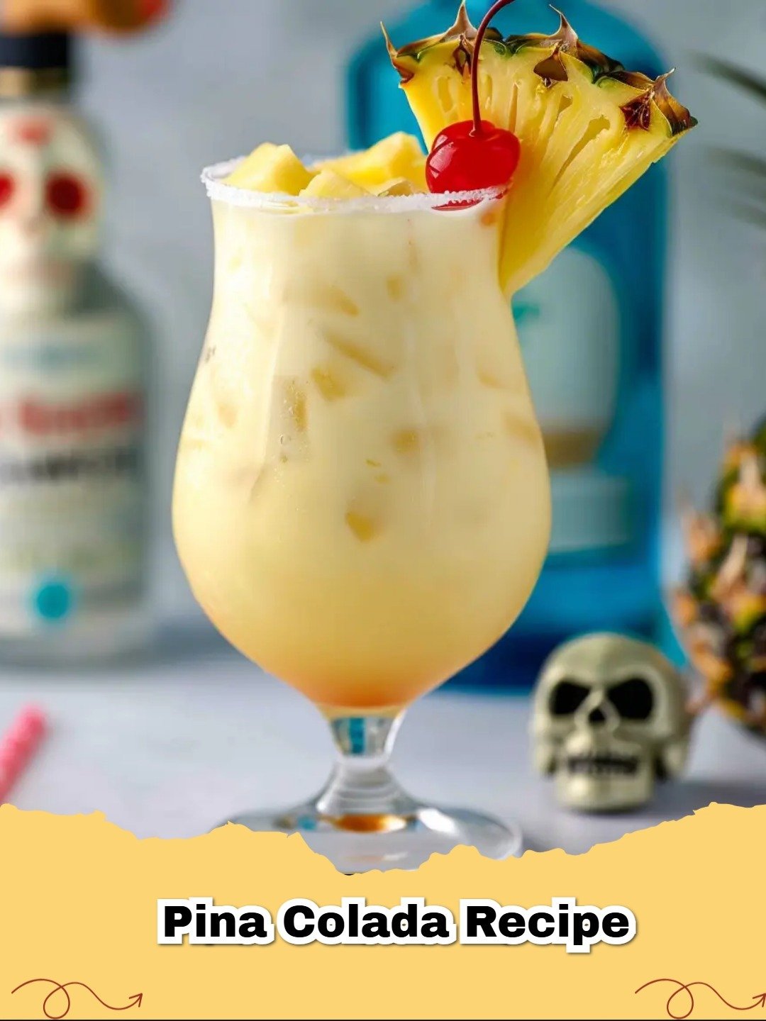 A perfectly blended Pina Colada cocktail in a hurricane glass, garnished with a pineapple wedge and a maraschino cherry, ready for sipping.