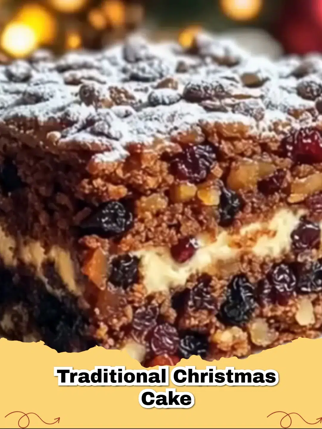 A beautifully decorated Traditional Christmas Cake, topped with marzipan and royal icing, garnished with festive holly.