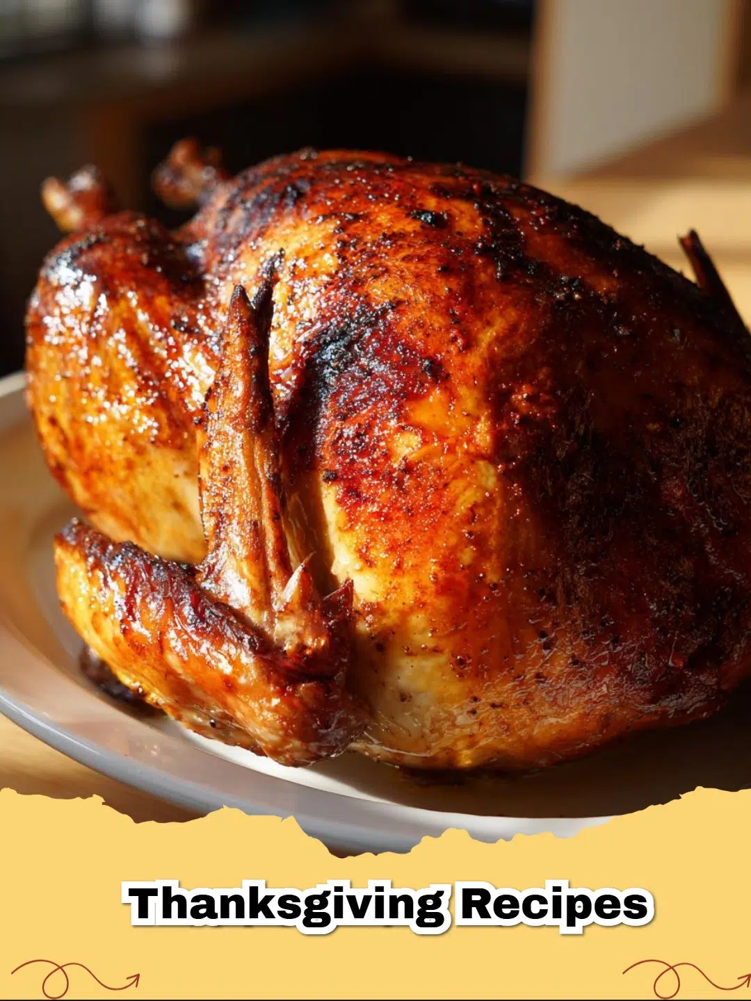 Golden brown classic Thanksgiving turkey with herb stuffing on a platter ready to be served.