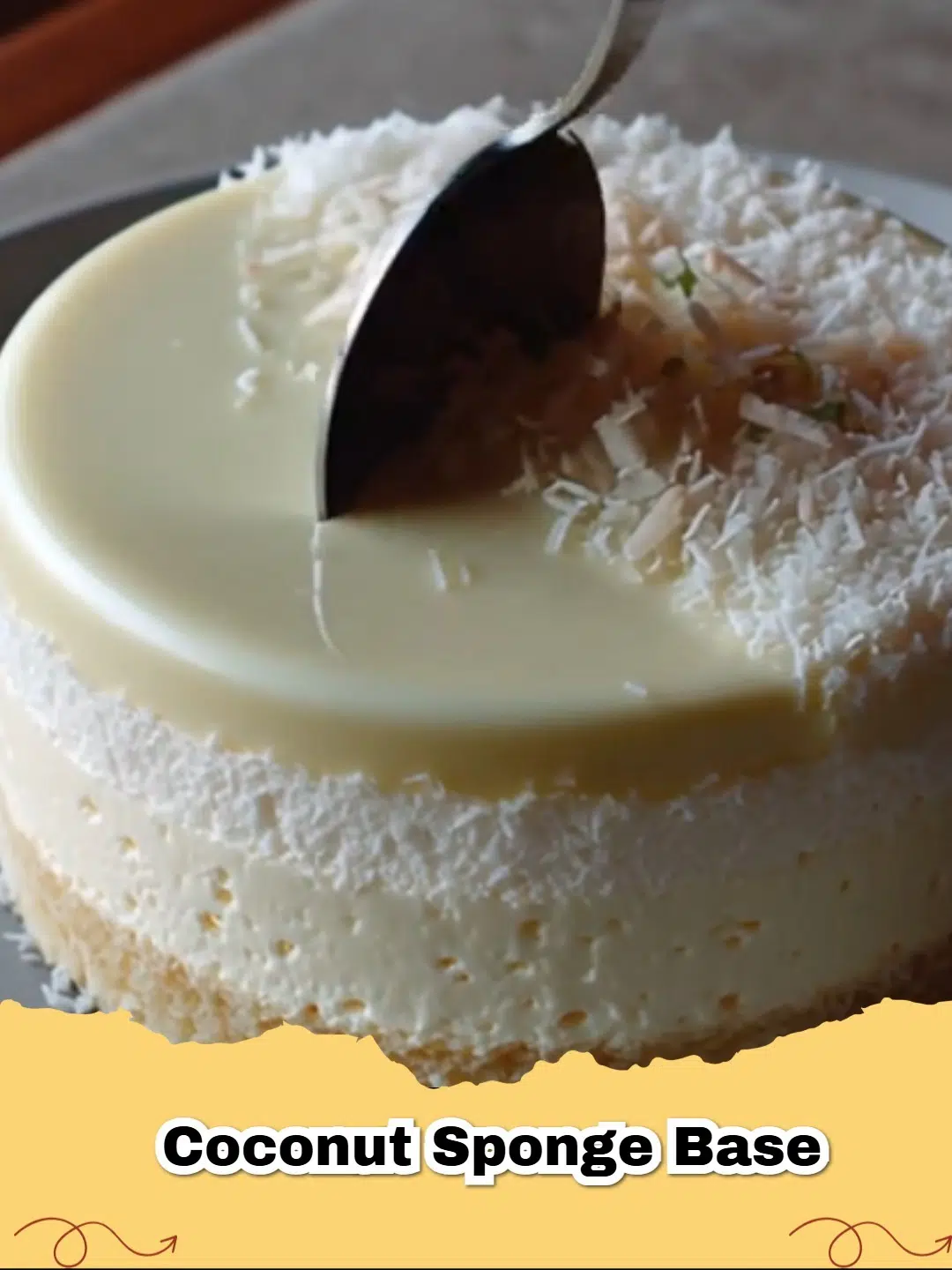 Decadent Coconut White Chocolate Mousse Cake with shredded coconut topping on a white cake stand