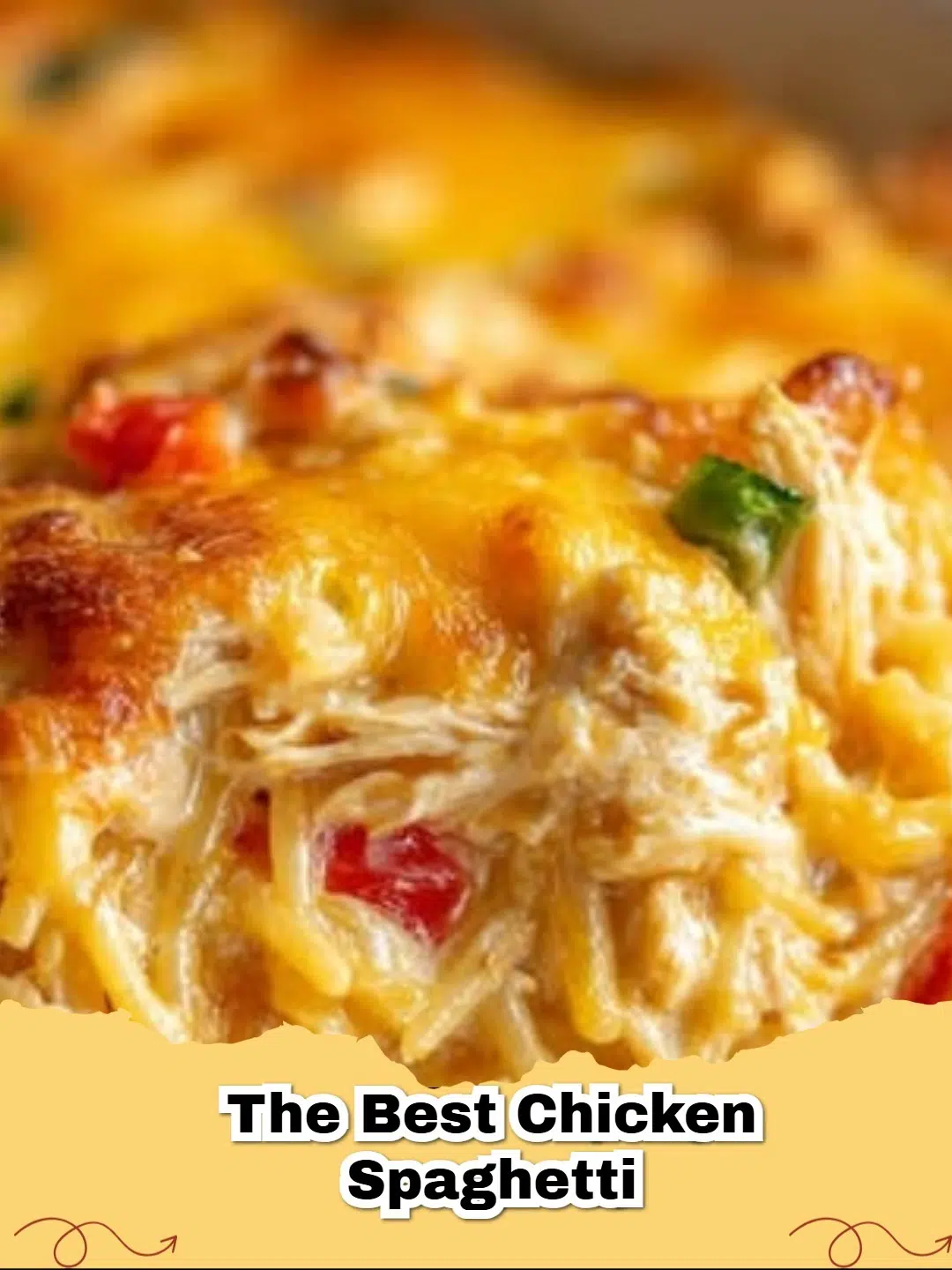 Delicious creamy cheesy chicken spaghetti casserole in a baking dish, bubbling hot from the oven