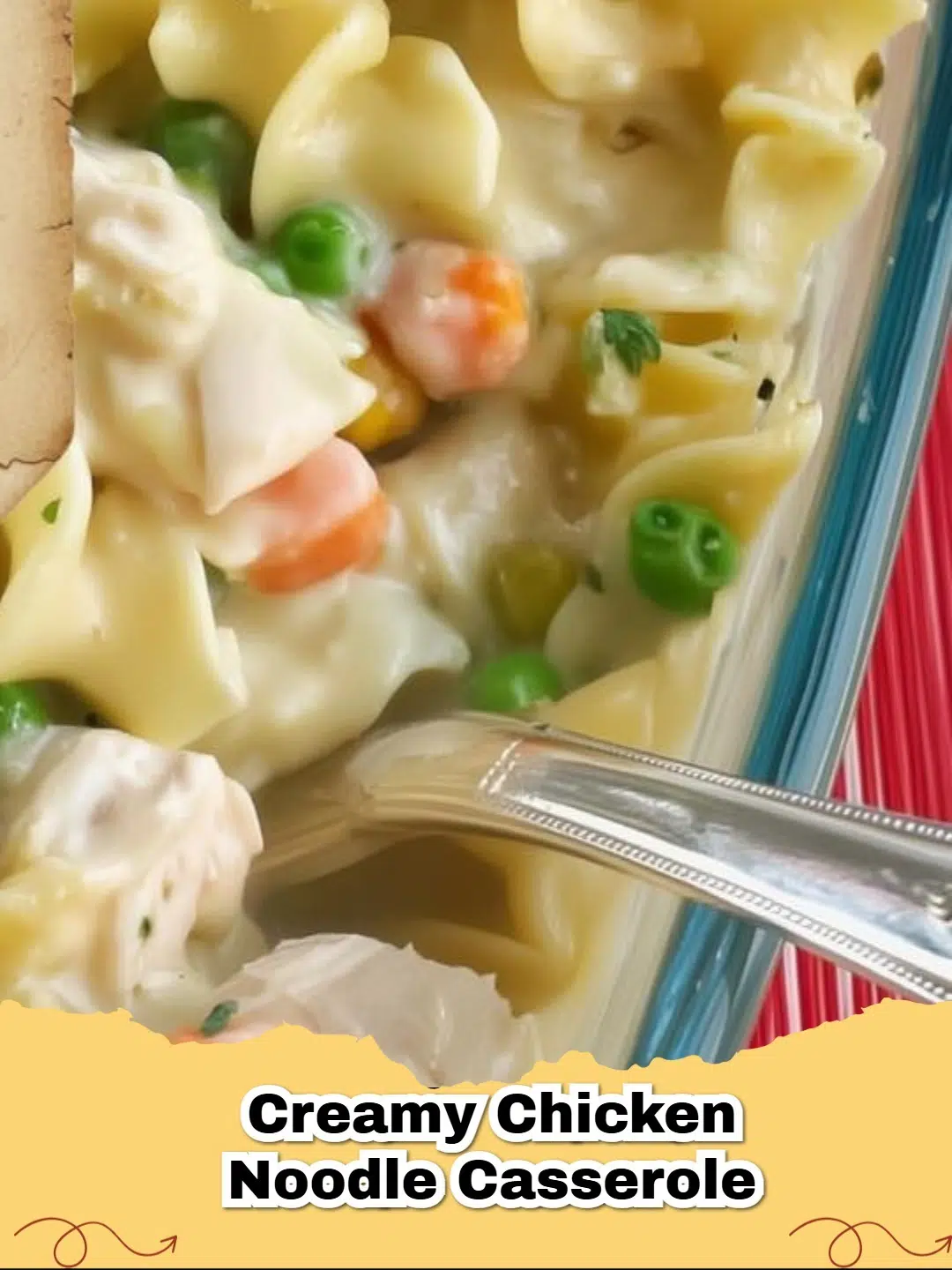 Delicious golden brown creamy chicken noodle casserole, hot and bubbly, ready to serve