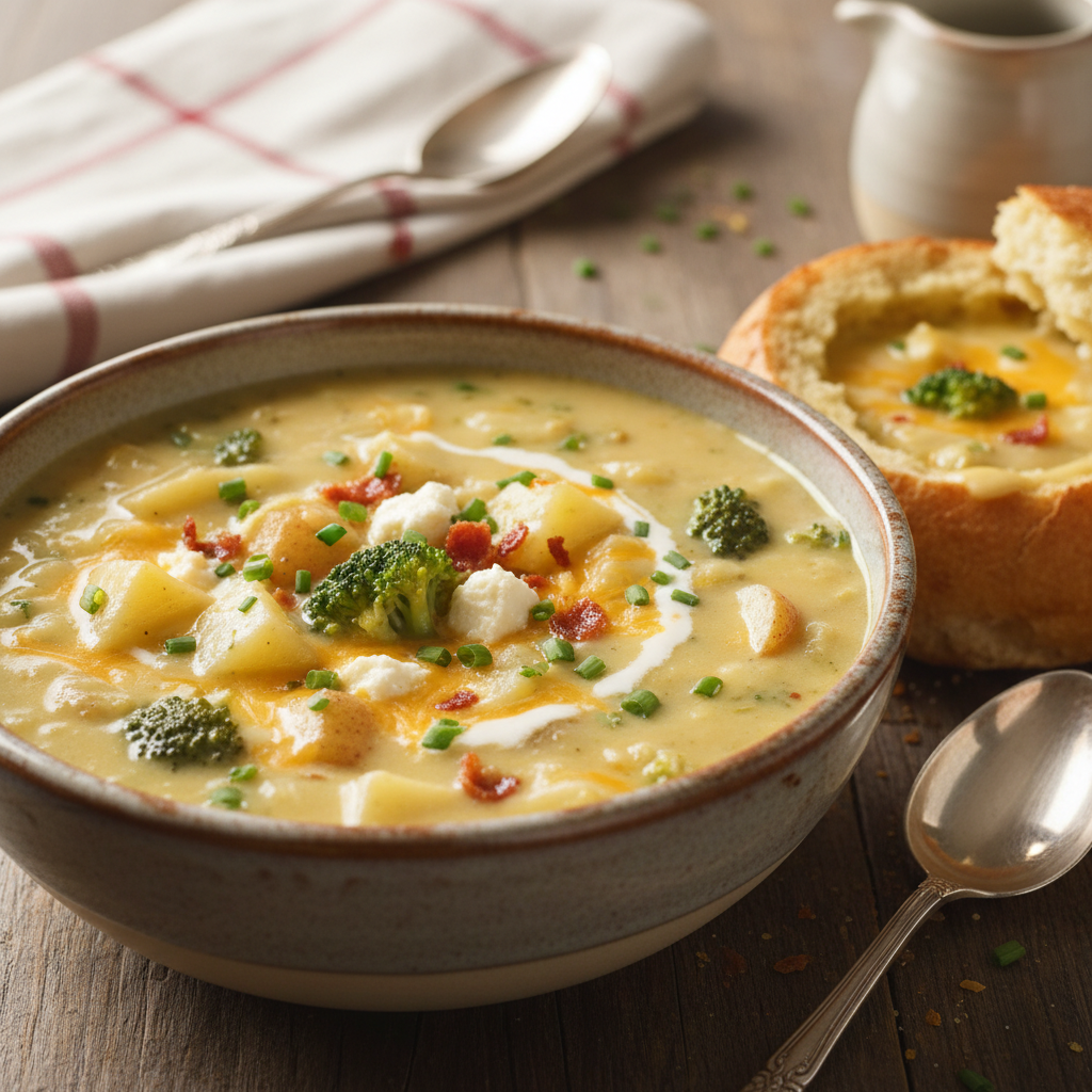 A steaming bowl of creamy crock pot potato broccoli cheddar soup garnished with fresh parsley.