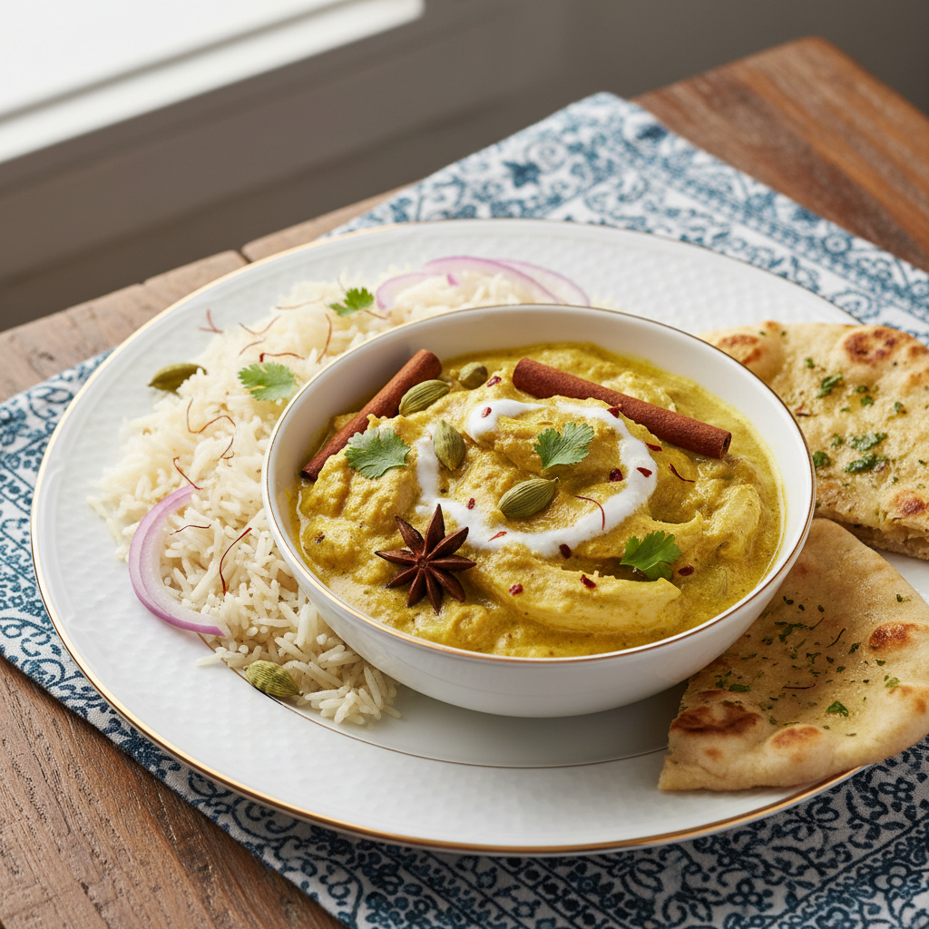 A bowl of creamy Indian coconut chicken korma served with rice and fresh cilantro