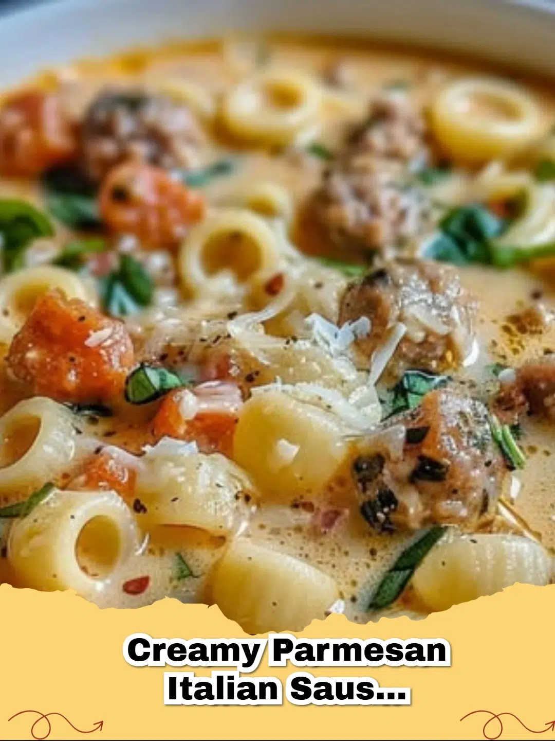 A steaming bowl of Creamy Parmesan Italian Sausage Ditalini Soup, garnished with fresh parsley and grated Parmesan.