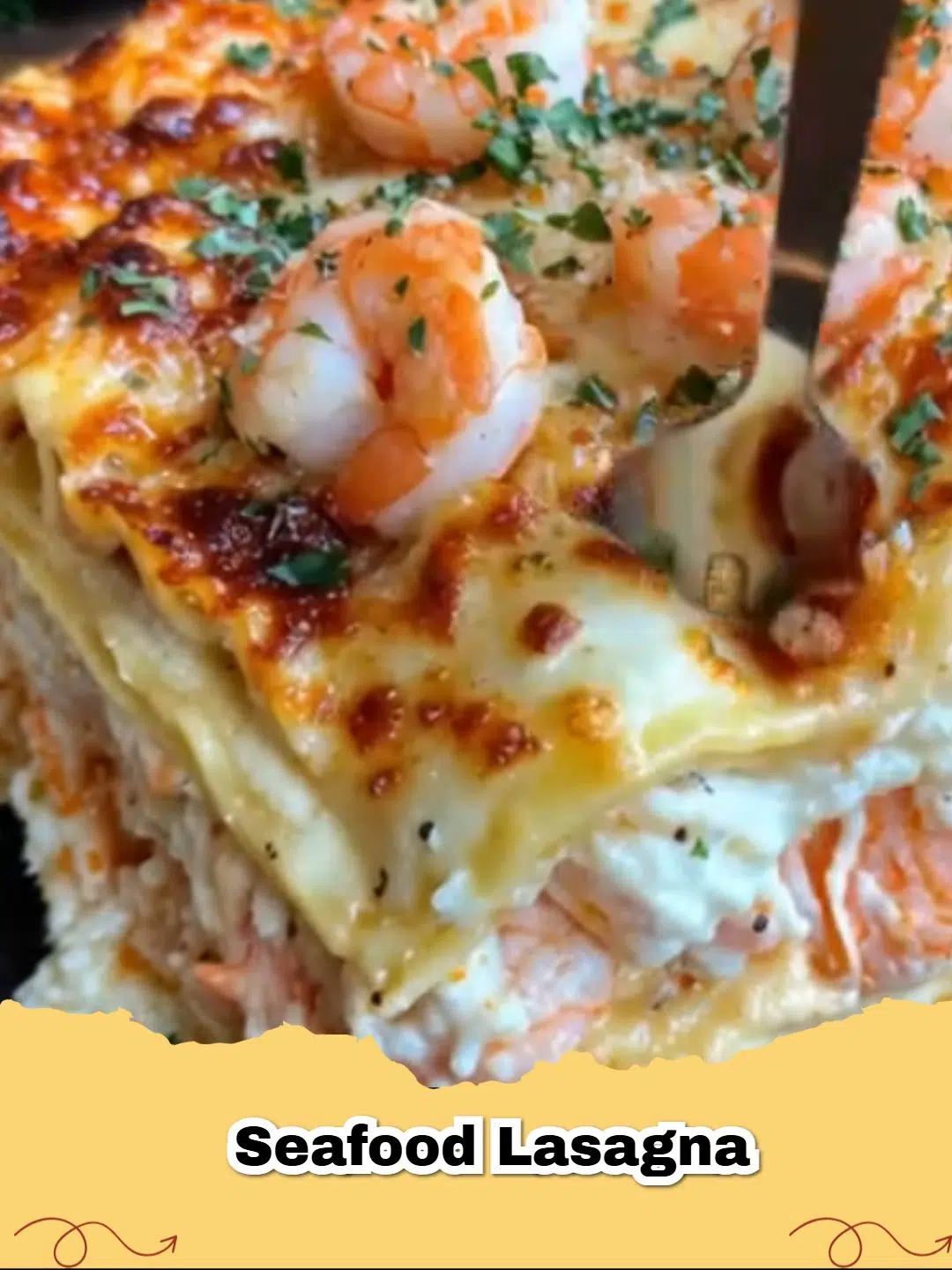 A golden-brown, bubbly creamy seafood lasagna in a white baking dish, garnished with fresh herbs, ready to be served.