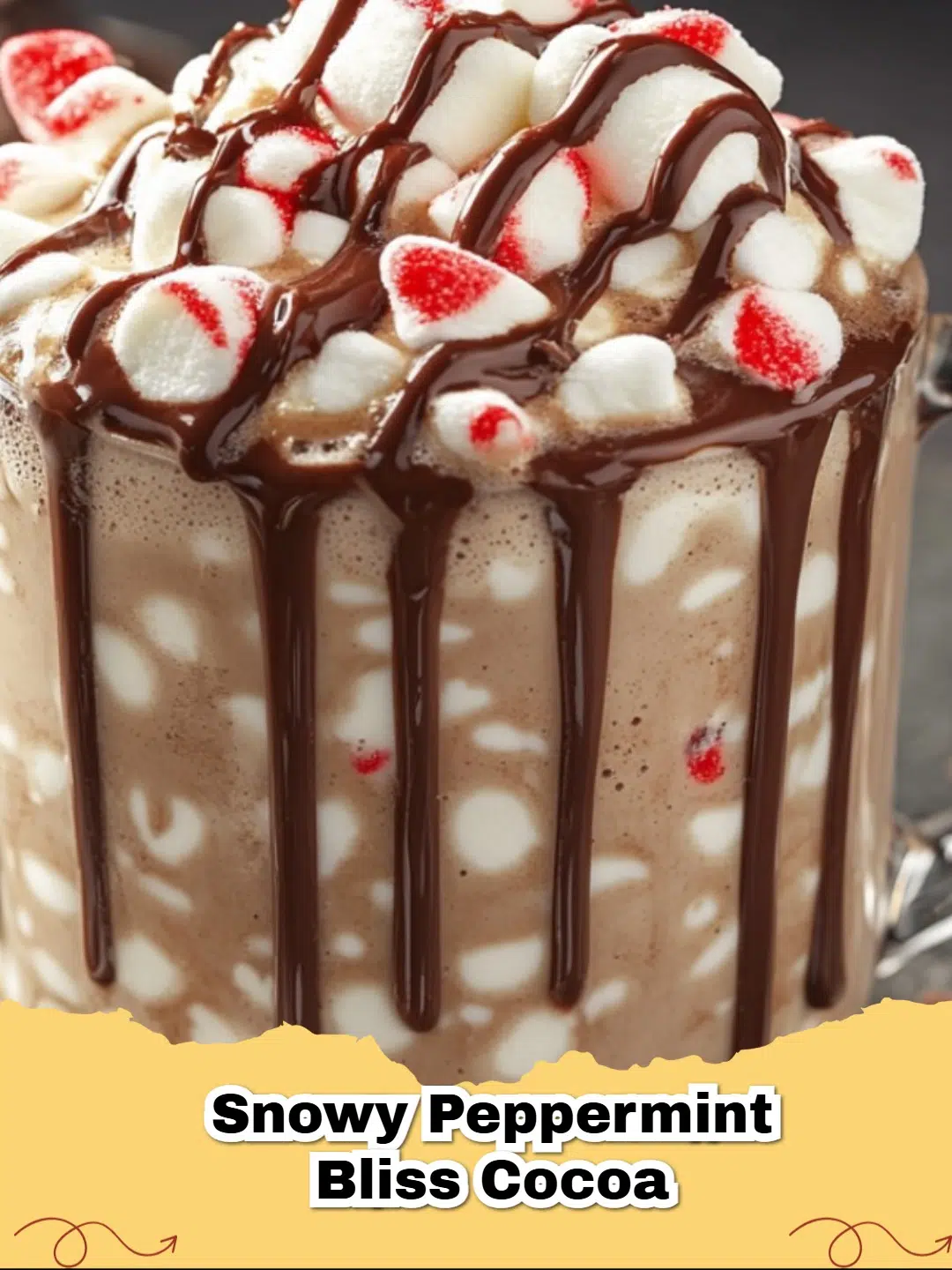 Mugs of creamy white chocolate peppermint hot cocoa topped with marshmallows and chocolate drizzle