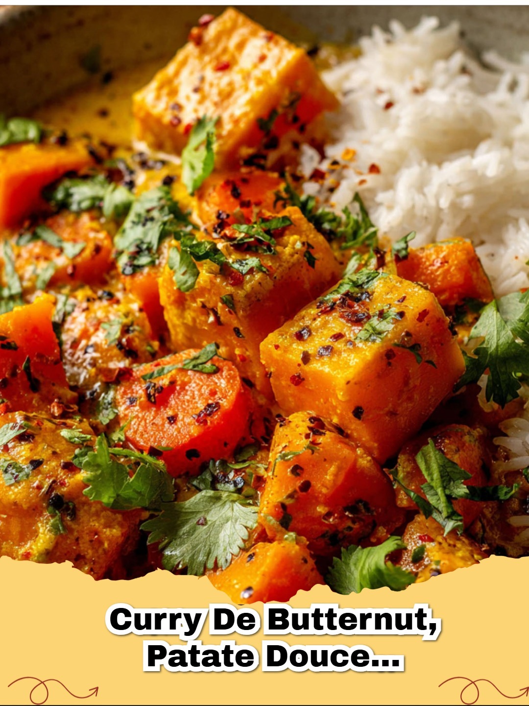 Curry végétarien de butternut, patate douce et carottes servi dans un bol avec du riz basmati et de la coriandre fraîche.