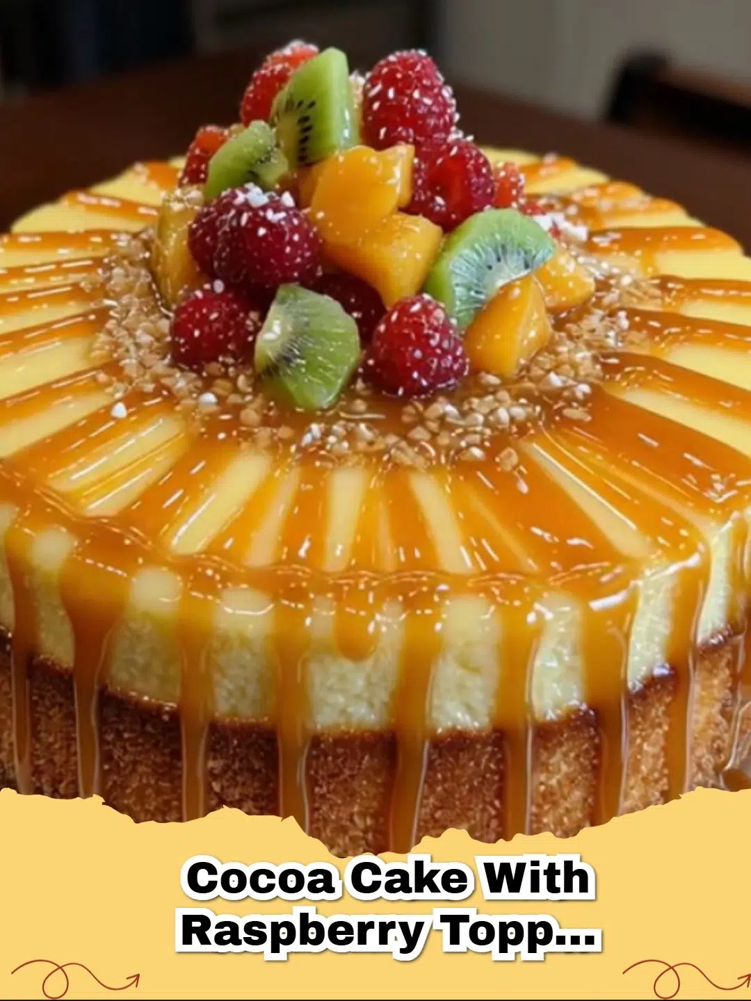 Decadent cocoa cake with fresh raspberries and luscious salted caramel sauce drizzled on top.