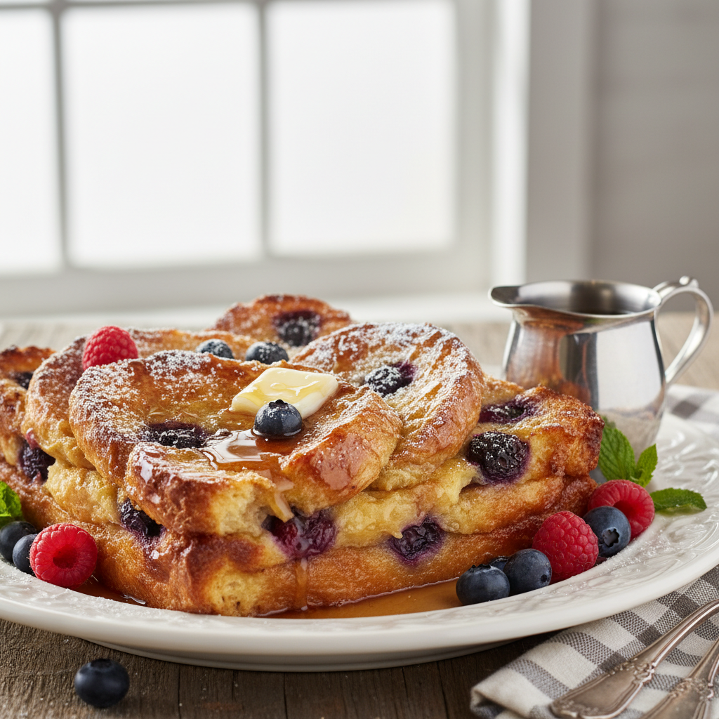 Decadent French Toast Casserole with Buttery Croissants, garnished with powdered sugar and fresh berries.