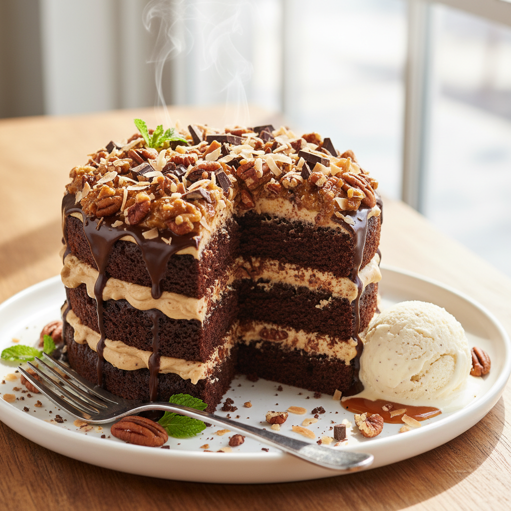 A beautifully frosted Decadent German Chocolate Cake with creamy coconut-pecan frosting, ready to be sliced and served.