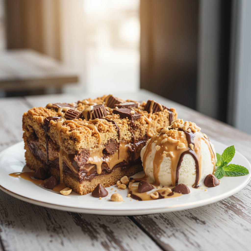 Gooey peanut butter cup dump cake in a baking dish, with a scoop removed showing melted chocolate and peanut butter cups.