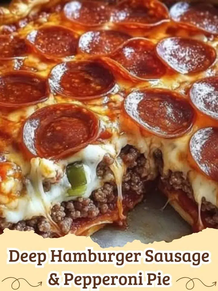 A thick slice of Deep Dish Hamburger Sausage and Pepperoni Pie, showcasing layers of meat, cheese, and sauce with a golden crust.