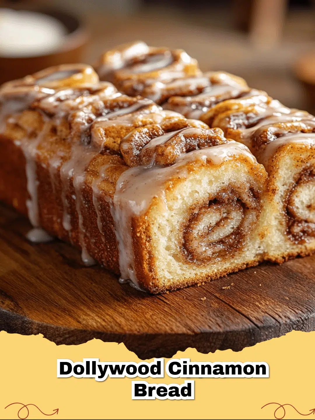 Freshly baked Dollywood Cinnamon Bread loaf drizzled with sweet white glaze, ready to be pulled apart and enjoyed.