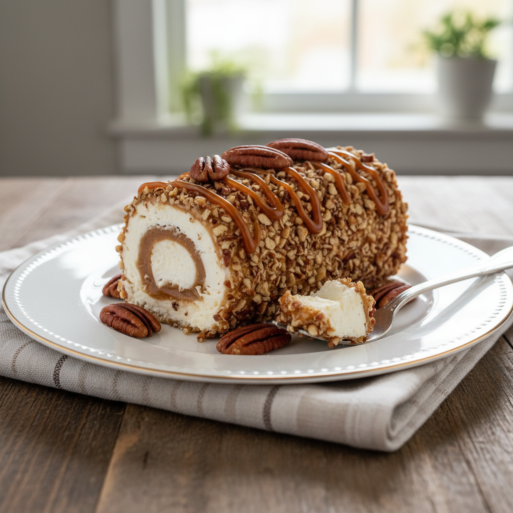 Close-up of a sliced easy 3-ingredient pecan log showing pecans, marshmallows, and caramel.