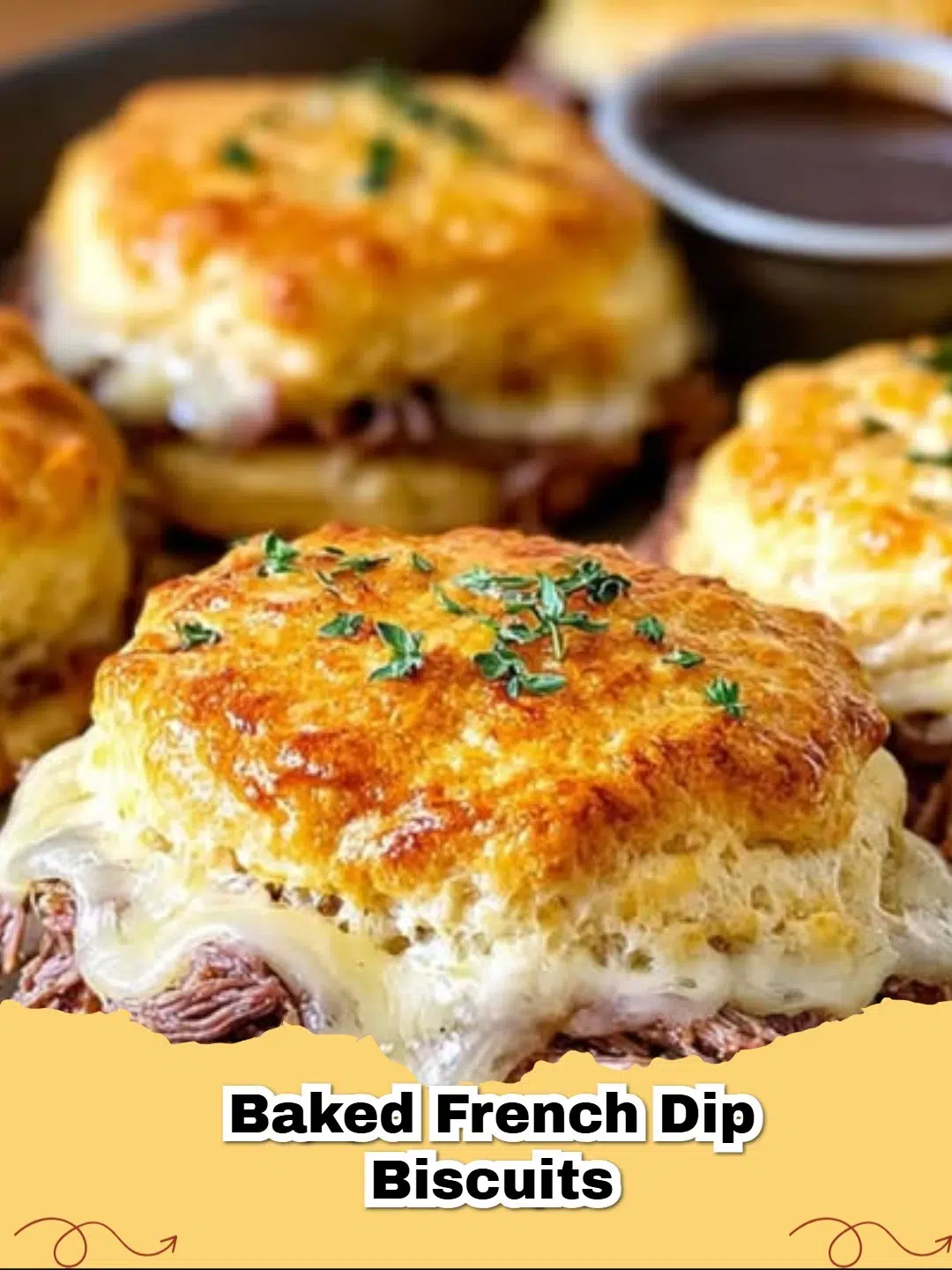 Easy Baked French Dip Biscuits with melty cheese and tender roast beef, served with a side of au jus.