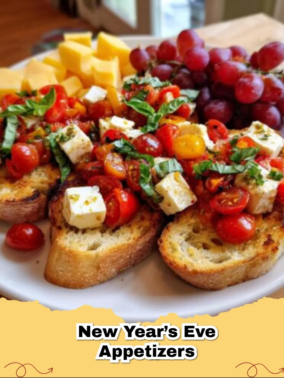 Easy Bruschetta and Cheese Platter with fresh tomatoes, basil, and an assortment of gourmet cheeses and grapes.