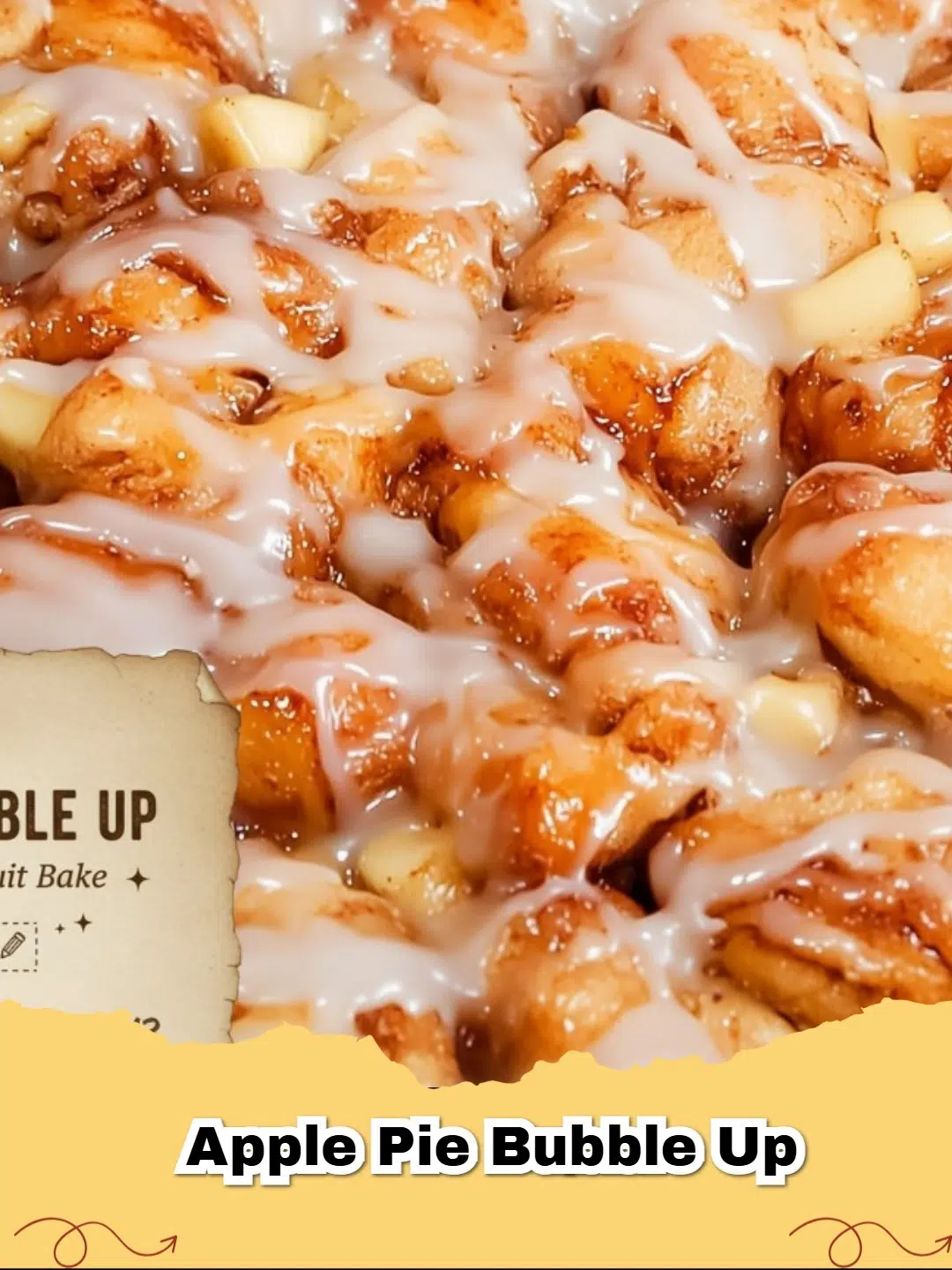 Close-up of golden brown Easy Butterscotch Apple Pie Bubble Up with glaze drizzled on top.