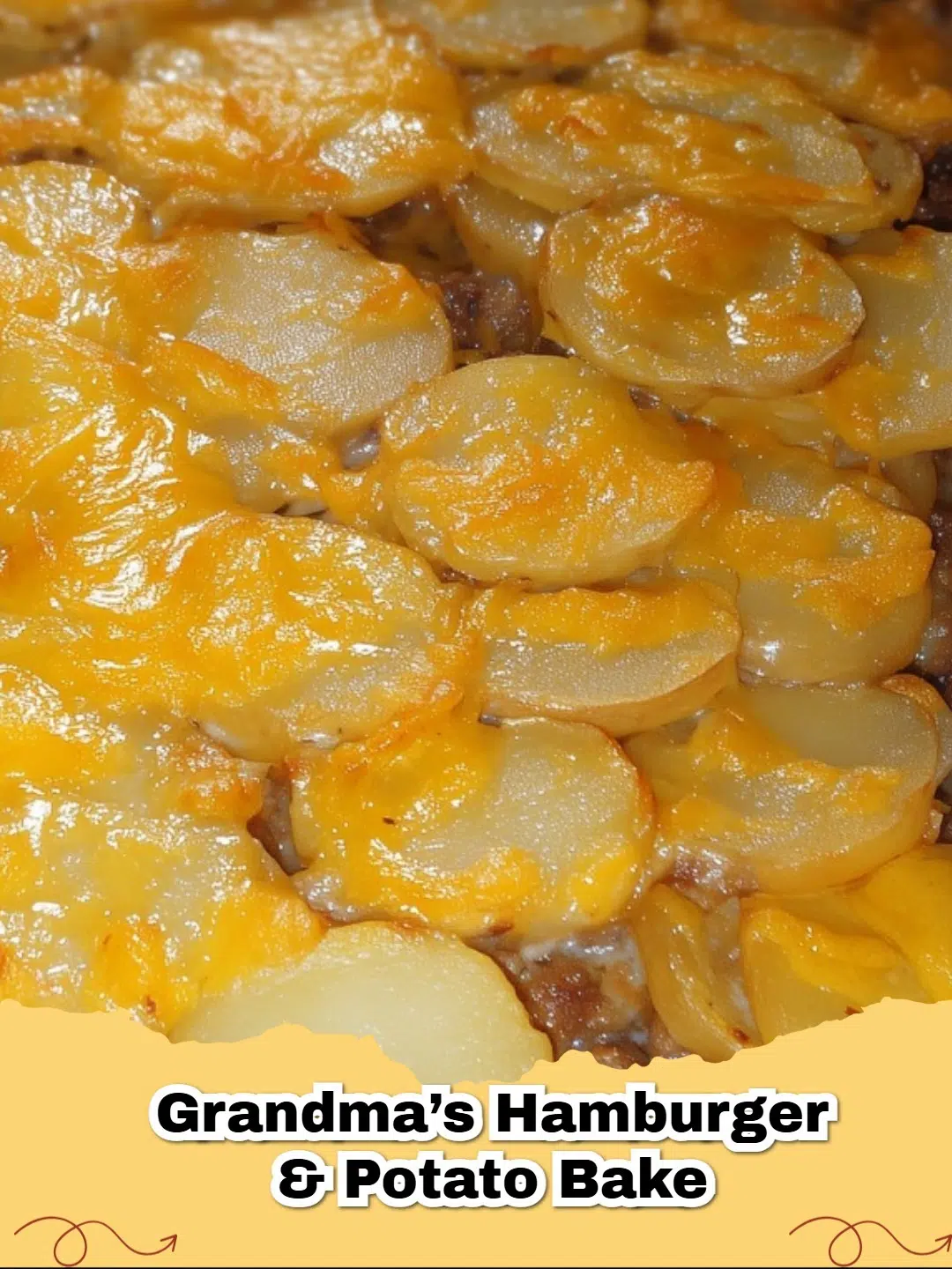 Delicious and easy cheesy ground beef potato bake casserole in a baking dish